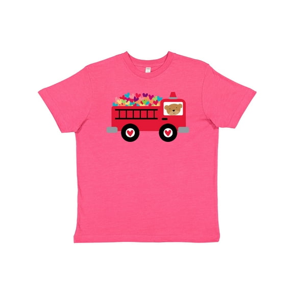 Inktastic Valentine Fire Truck Heart Bear Youth T-Shirt