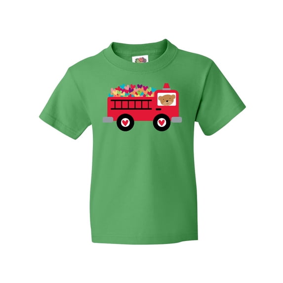 Inktastic Valentine Fire Truck Heart Bear Youth T-Shirt