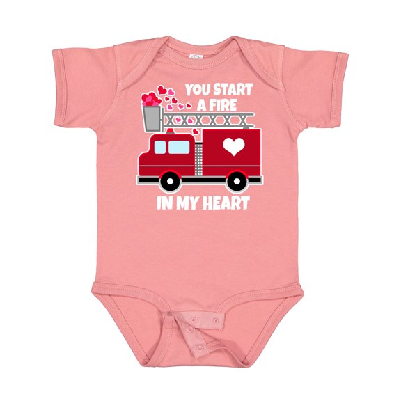 Inktastic Valentine Fire Truck White and Pink Hearts Boys or Girls Baby Bodysuit
