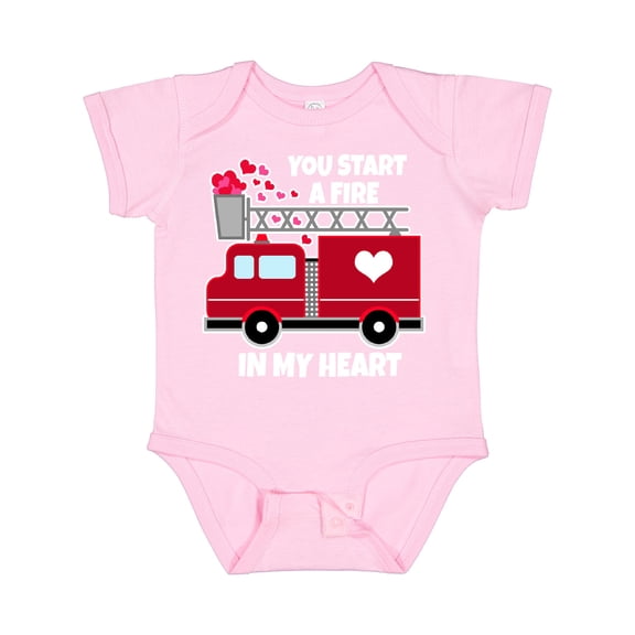 Inktastic Valentine Fire Truck White and Pink Hearts Boys or Girls Baby Bodysuit