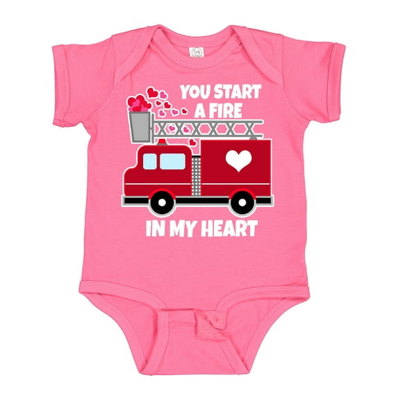 Inktastic Valentine Fire Truck White and Pink Hearts Boys or Girls Baby Bodysuit