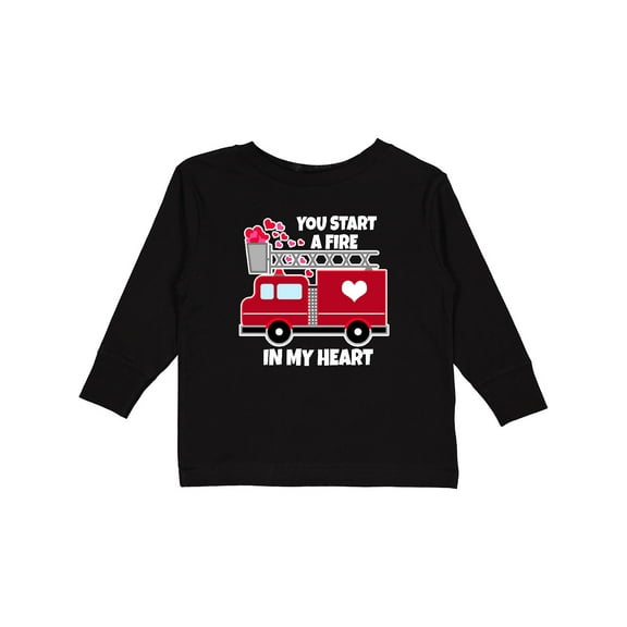 Inktastic Valentine Fire Truck White and Pink Hearts Boys or Girls Long Sleeve Toddler T-Shirt