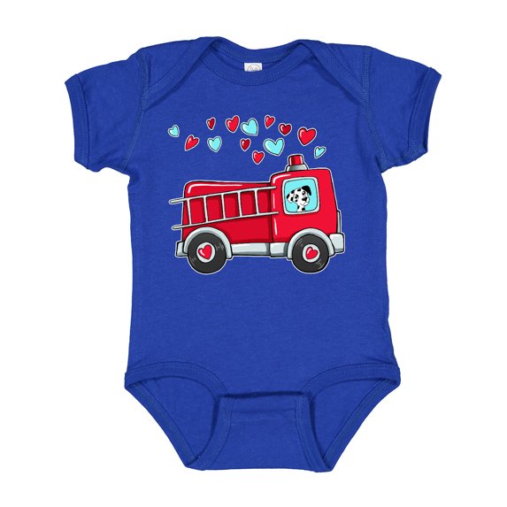 Inktastic Valentine Fire Truck with Cute Dalmatian and Hearts Boys or Girls Baby Bodysuit