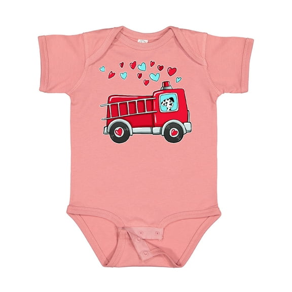 Inktastic Valentine Fire Truck with Cute Dalmatian and Hearts Boys or Girls Baby Bodysuit
