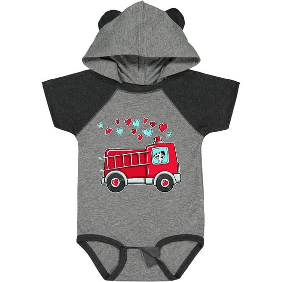 Inktastic Valentine Fire Truck with Cute Dalmatian and Hearts Boys or Girls Baby Bodysuit