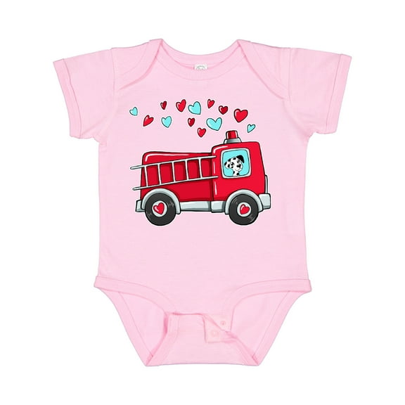 Inktastic Valentine Fire Truck with Cute Dalmatian and Hearts Boys or Girls Baby Bodysuit