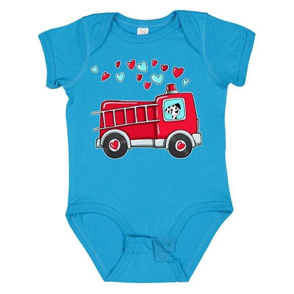Inktastic Valentine Fire Truck with Cute Dalmatian and Hearts Boys or Girls Baby Bodysuit