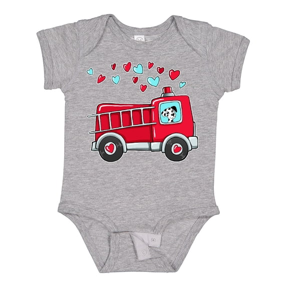 Inktastic Valentine Fire Truck with Cute Dalmatian and Hearts Boys or Girls Baby Bodysuit