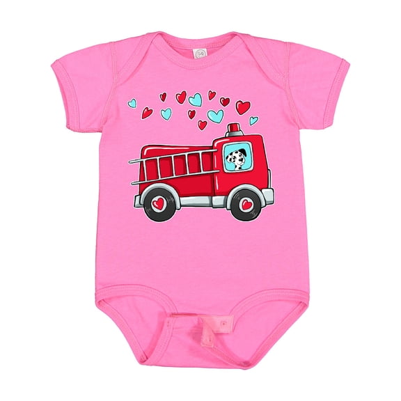 Inktastic Valentine Fire Truck with Cute Dalmatian and Hearts Boys or Girls Baby Bodysuit