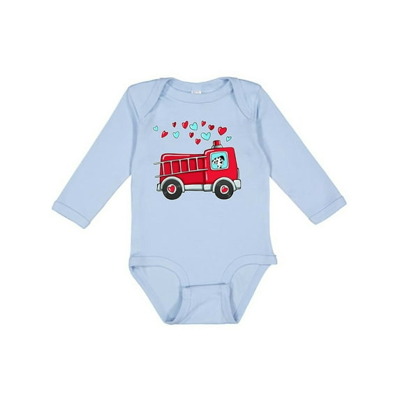 Inktastic Valentine Fire Truck with Cute Dalmatian and Hearts Boys or Girls Long Sleeve Baby Bodysuit