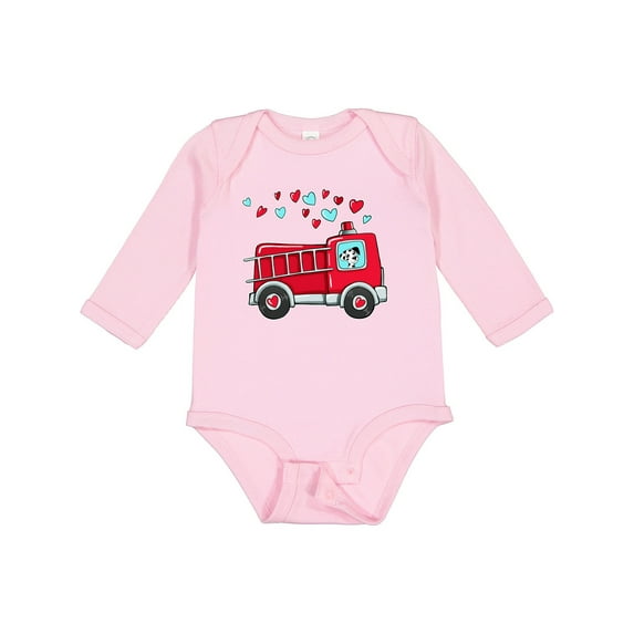 Inktastic Valentine Fire Truck with Cute Dalmatian and Hearts Boys or Girls Long Sleeve Baby Bodysuit
