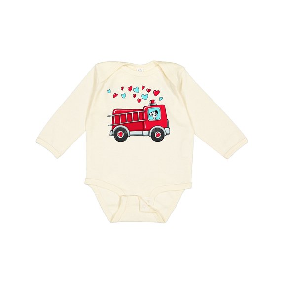 Inktastic Valentine Fire Truck with Cute Dalmatian and Hearts Boys or Girls Long Sleeve Baby Bodysuit