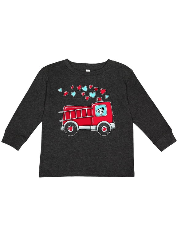Valentine Fire Truck with Cute Dalmatian and Hearts Boys or Girls Long Sleeve Toddler T-Shirt