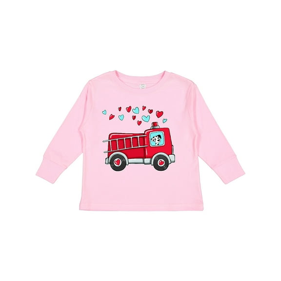 Inktastic Valentine Fire Truck with Cute Dalmatian and Hearts Boys or Girls Long Sleeve Toddler T-Shirt