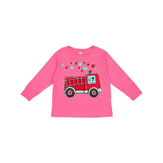 Inktastic Valentine Fire Truck with Cute Dalmatian and Hearts Boys or Girls Long Sleeve Toddler T-Shirt