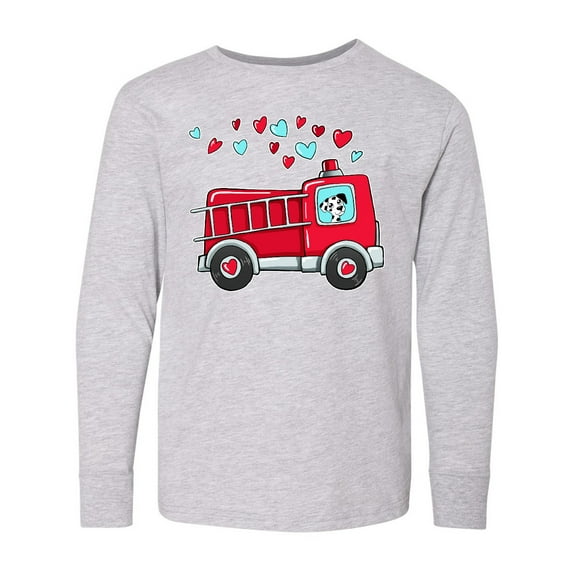 Inktastic Valentine Fire Truck with Cute Dalmatian and Hearts Long Sleeve Youth T-Shirt