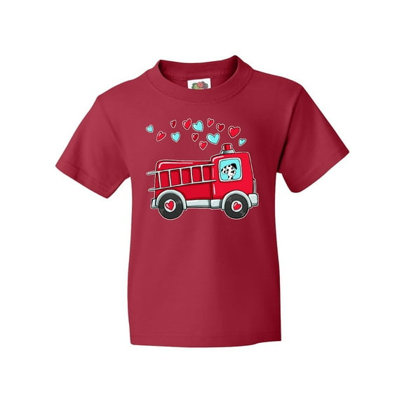 Inktastic Valentine Fire Truck with Cute Dalmatian and Hearts Youth T-Shirt