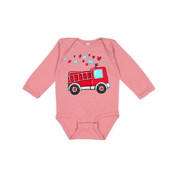 Inktastic Valentine Fire Truck with Hearts Boys or Girls Long Sleeve Baby Bodysuit
