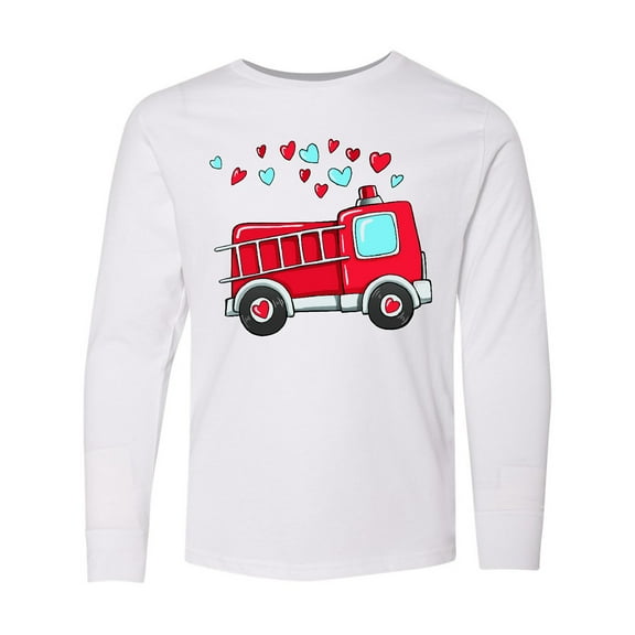 Inktastic Valentine Fire Truck with Hearts Long Sleeve Youth T-Shirt