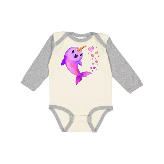 Inktastic Valentine's Day Cute Pink Narwhal with Hearts Boys or Girls Long Sleeve Baby Bodysuit