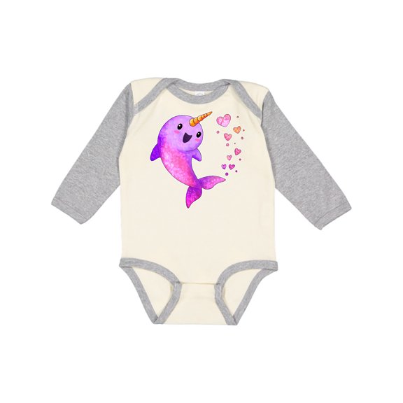 Inktastic Valentine's Day Cute Pink Narwhal with Hearts Boys or Girls Long Sleeve Baby Bodysuit