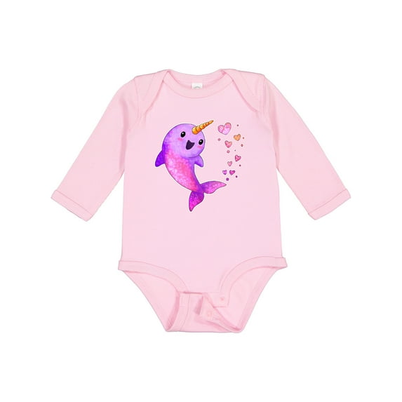 Inktastic Valentine's Day Cute Pink Narwhal with Hearts Boys or Girls Long Sleeve Baby Bodysuit