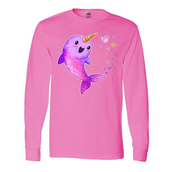 Inktastic Valentine's Day Cute Pink Narwhal with Hearts Long Sleeve T-Shirt