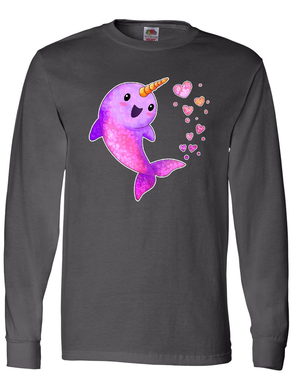 Inktastic Valentine's Day Cute Pink Narwhal with Hearts Long Sleeve T ...