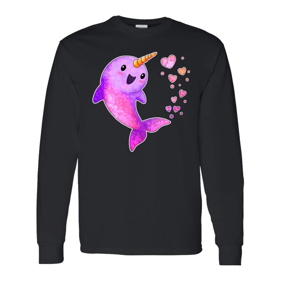 Inktastic Valentine's Day Cute Pink Narwhal with Hearts Long Sleeve T-Shirt
