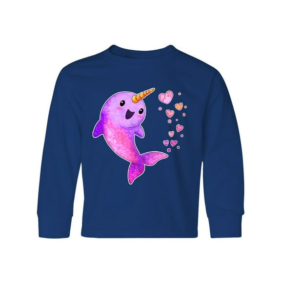 Inktastic Valentine's Day Cute Pink Narwhal with Hearts Long Sleeve Youth T-Shirt