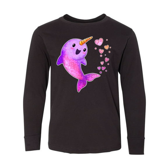 Inktastic Valentine's Day Cute Pink Narwhal with Hearts Long Sleeve Youth T-Shirt