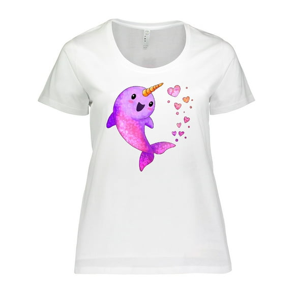 Inktastic Valentine's Day Cute Pink Narwhal with Hearts Women's Plus Size T-Shirt
