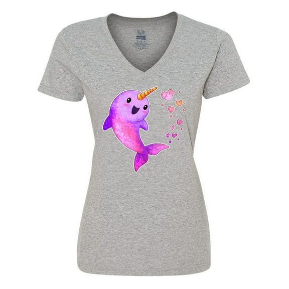 Inktastic Valentine's Day Cute Pink Narwhal with Hearts Women's V-Neck T-Shirt