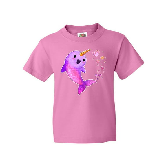 Inktastic Valentine's Day Cute Pink Narwhal with Hearts Youth T-Shirt