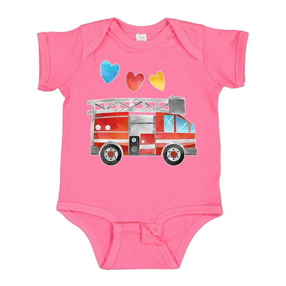 Inktastic Valentine's Day Fire Truck with Hearts Boys or Girls Baby Bodysuit