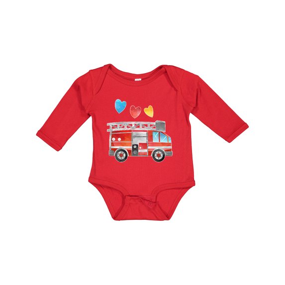 Inktastic Valentine's Day Fire Truck with Hearts Boys or Girls Long Sleeve Baby Bodysuit