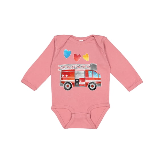 Inktastic Valentine's Day Fire Truck with Hearts Boys or Girls Long Sleeve Baby Bodysuit