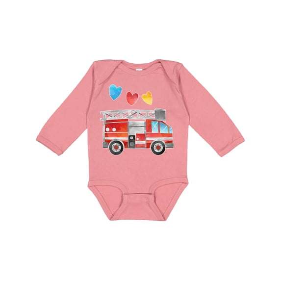 Inktastic Valentine's Day Fire Truck with Hearts Boys or Girls Long Sleeve Baby Bodysuit