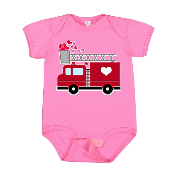 Inktastic Valentine's Day Red Firetruck with Pink Hearts Boys or Girls Baby Bodysuit