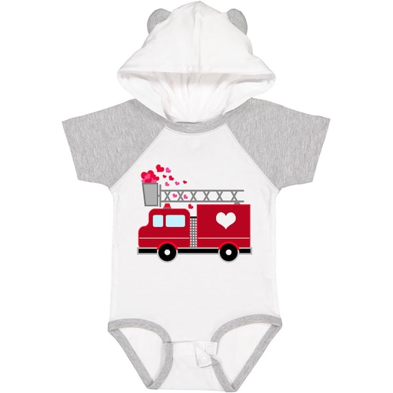 Inktastic Valentine's Day Red Firetruck with Pink Hearts Boys or Girls Baby Bodysuit