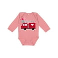 thumbnail image 1 of Inktastic Valentine's Day Red Firetruck with Pink Hearts Boys or Girls Long Sleeve Baby Bodysuit, 1 of 5