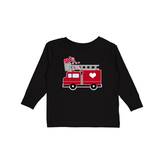 Inktastic Valentine's Day Red Firetruck with Pink Hearts Boys or Girls Long Sleeve Toddler T-Shirt