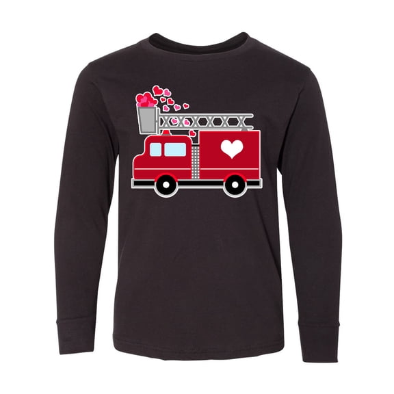 Inktastic Valentine's Day Red Firetruck with Pink Hearts Long Sleeve Youth T-Shirt