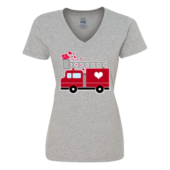 Inktastic Valentine's Day Red Firetruck with Pink Hearts Women's V-Neck T-Shirt