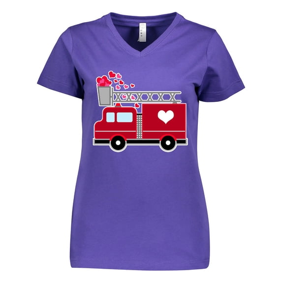 Inktastic Valentine's Day Red Firetruck with Pink Hearts Women's V-Neck T-Shirt
