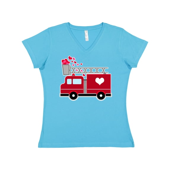 Inktastic Valentine's Day Red Firetruck with Pink Hearts Women's V-Neck T-Shirt