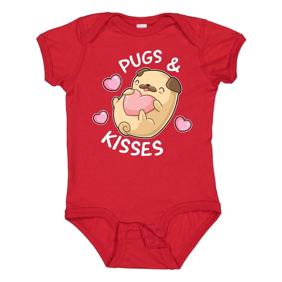 Inktastic Valentines Day Pugs and Kisses with Pink Hearts Boys or Girls Baby Bodysuit