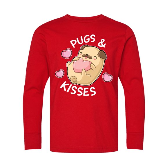 Inktastic Valentines Day Pugs and Kisses with Pink Hearts Long Sleeve Youth T-Shirt