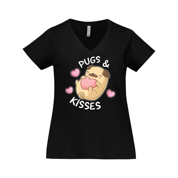 Inktastic Valentines Day Pugs and Kisses with Pink Hearts Women's Plus Size V-Neck T-Shirt