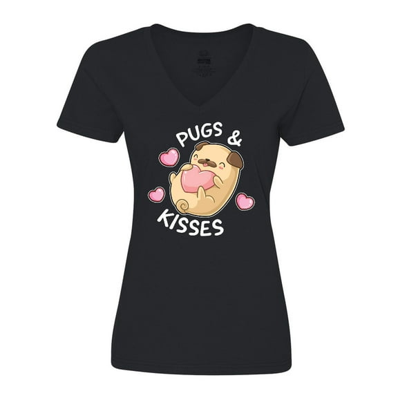 Inktastic Valentines Day Pugs and Kisses with Pink Hearts Women's V-Neck T-Shirt